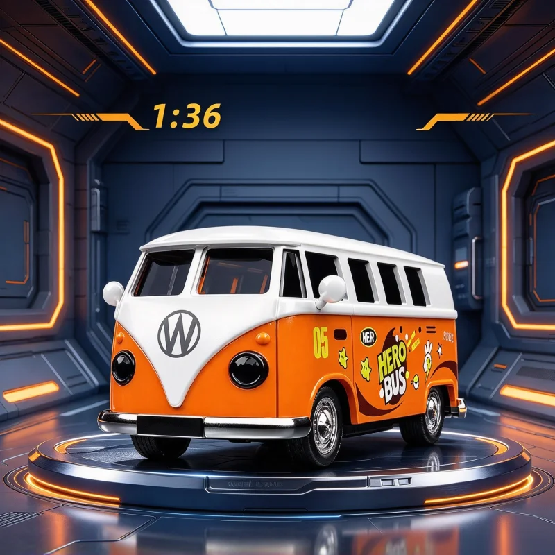 Classic Vintage Shape Alloy Bus Model, Hero Bus Cartoon Painting, Pull Back Function, Open Door, Desktop Ornament & Gift