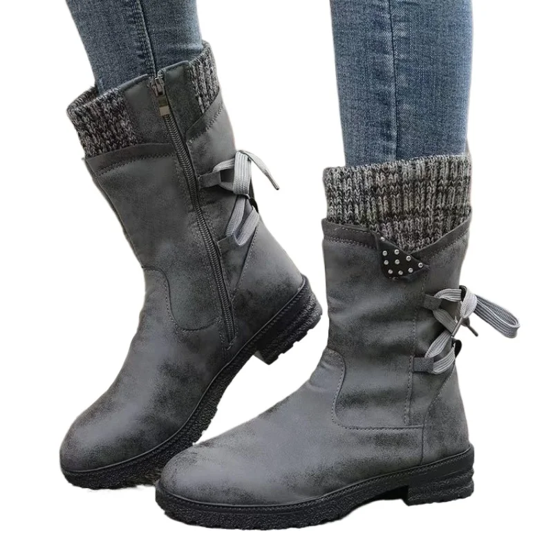 

2026 New Women Autumn Winter Knee High Shoes Large Medium Tube Thick Heel Shoes for Women Strap Pleated Vintage Ankle Boots36-43