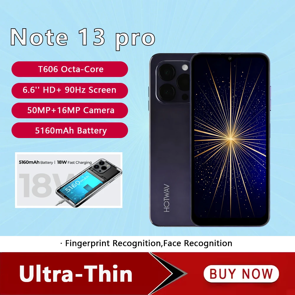 HOTWAV Note 13 4G Smartphone Android 6.6 Inch HD+ T606 Octa-Core 4GB+128GB Mobile Phone 50MP Camera 5160mAh Battery Cellphone
