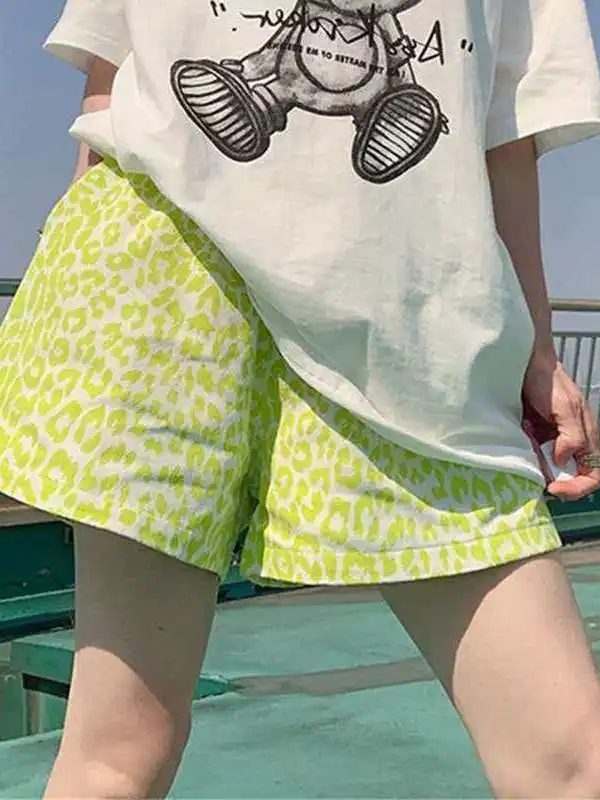 

Summer Tieed Women's Fluorescent One Leopard Print orts Cleanfit Sle Low Waist PVC Material Casual Pants for Middle-aged