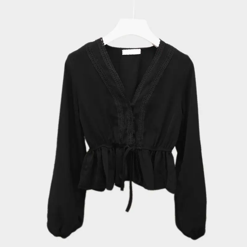 Spring Autumn Stylish Hollow Out Blouse Solid Color Casual Long Sleeve Waist Commute Drawstring Bow Elegant V-Neck Spliced Shirt