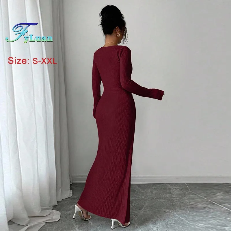Nowa Moda Damska Długa Sukienka Jednolity Kolor Dzianinowa Tekstura Sukienka Wieczorowa Nieregularny Kołnierz Długi Rękaw Wyszczuplająca Sukienka Maxi Suknie na Bal Studniówkowy