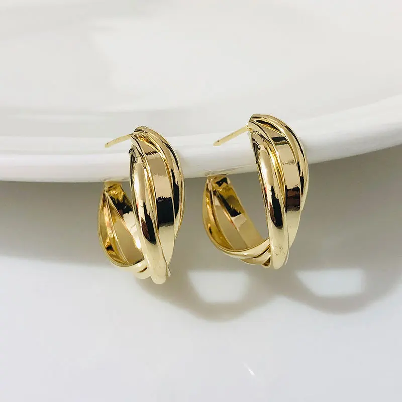 Three Layers Twist Cross C-type Geometric Metal Stud Earring for Women Hiphop Wedding Gold Color Jewelry Christmas Girl Gift