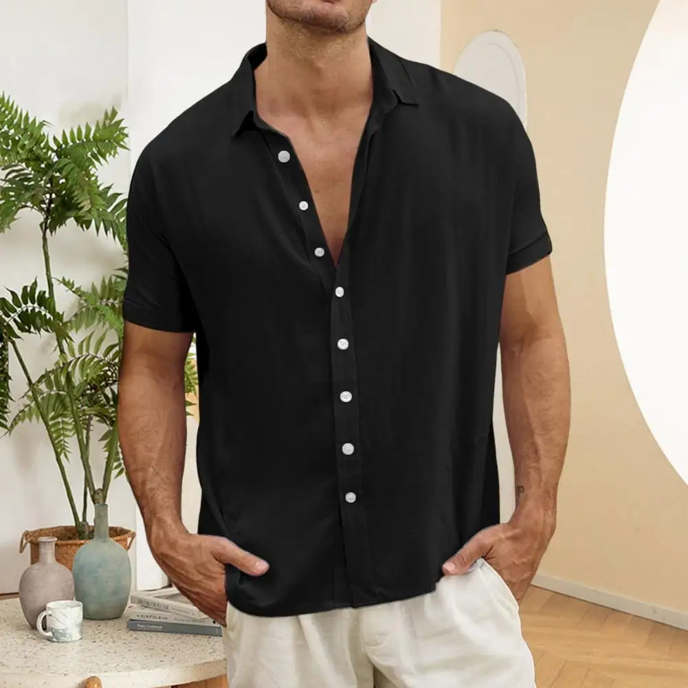 Camisa de un solo pecho para hombre, cárdigan de un solo pecho, manga corta, cuello vuelto, Color sólido, elegante, Formal