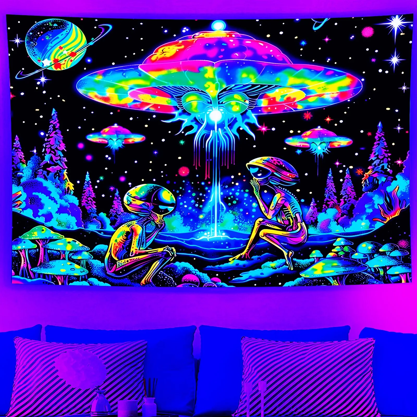 Alien UFO Neon Tapestry: Cosmic Fantasy Decor,UV tapestry wall hanging bedroom home party decoration