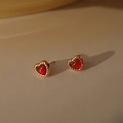 VOQ Silver Color Red Love Stud Classic Korean Version Heart Earrings Party Jewelry Accessories Girlfriend Gift