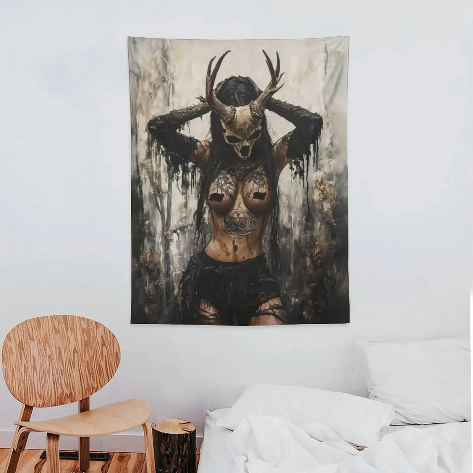 VIKAMA Deer Antler Skull Witch Dark Gothic Wall Tapestry Beige Black Horned Woman Tattoo Forest Occult Pagan Art Bedroom Living