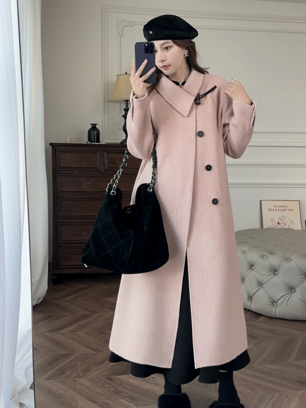 

Новое зимнее двустороннее шерстяное пальто 2025 года, розовое, простой дизайн для повседневной носки, однотонное, с воротником, на одной пуговице, с длинными рукавами