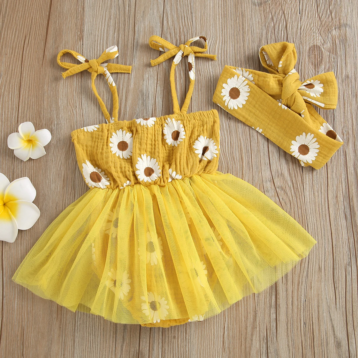 2PC summer baby girl full print yellow small chrysanthemum halter mesh halter dress plus headband