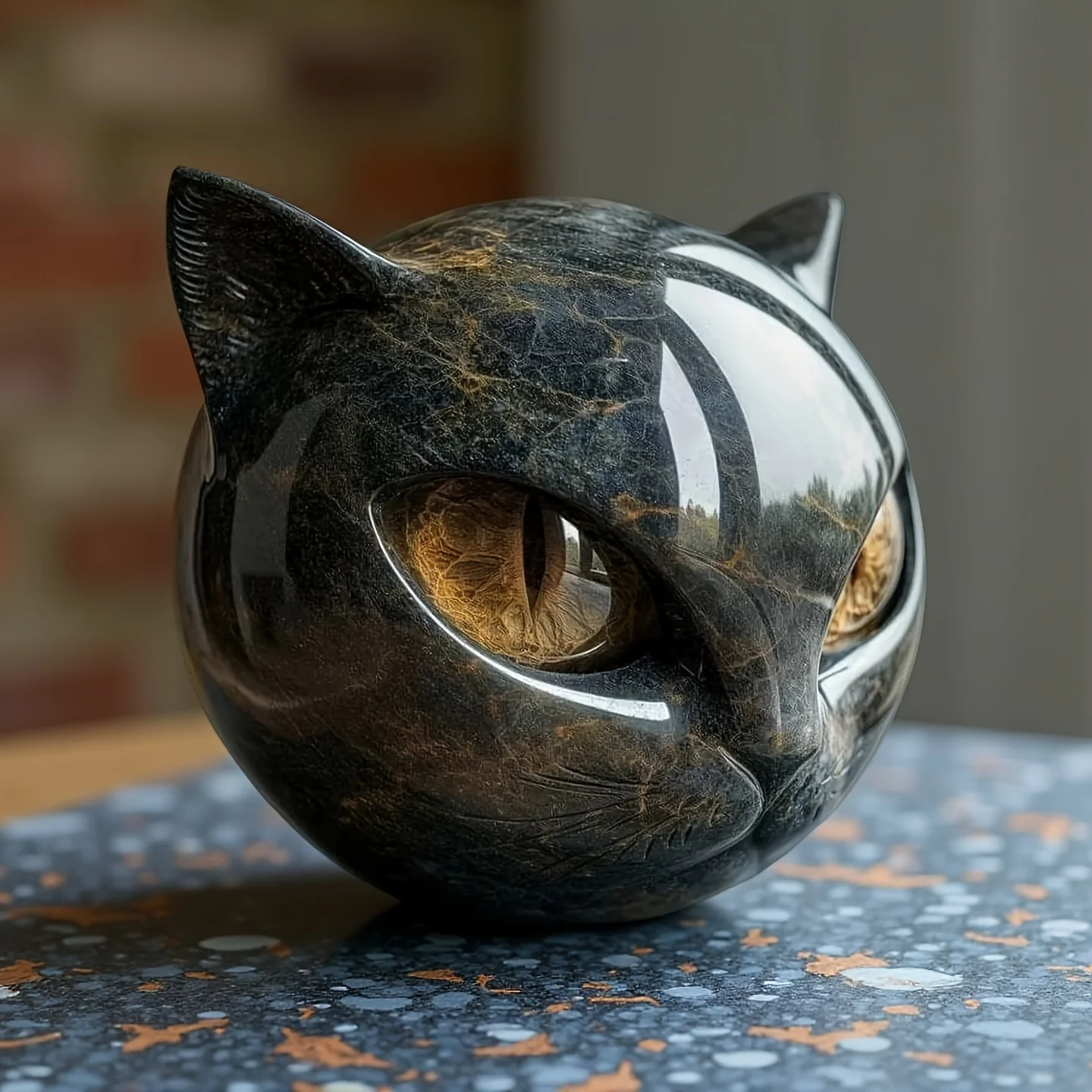 Decorative Black Cat Stone Figurine Resin Cat Head Healing Stone Marble Texture Cat Stone Keepsake Gift Office Desk Cats Decor