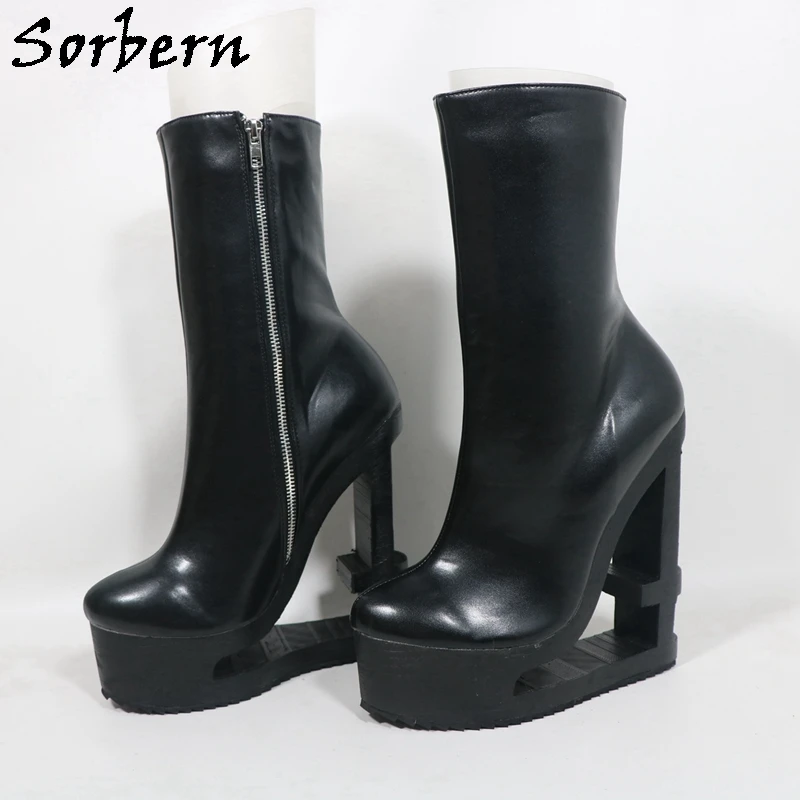 Sorbern Black Matte Ankle Women Boots Women High Heel Round Toe Platform Shoes Holow Out Wedge Heel Custom Plus Size 47 48