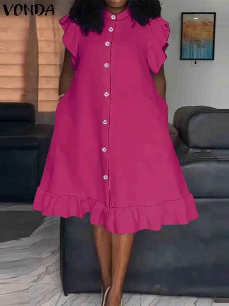

VONDA Plus Size 5XL Fashion Ruffle Mini Dress Women Elegant Solid Color Dress 2024 Casual Loose Buttons Sundress Party Vestidos