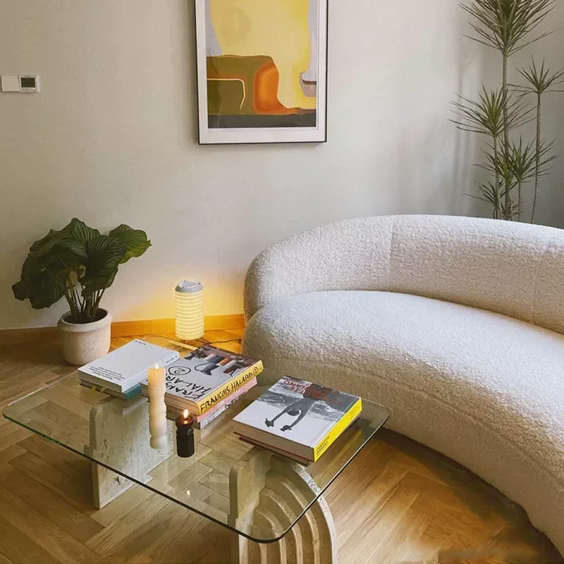 Nordic Natural Travertine Coffee Table Modern Light Luxury Tempered Glass Tea Table for Living Room Hotel Creative Design