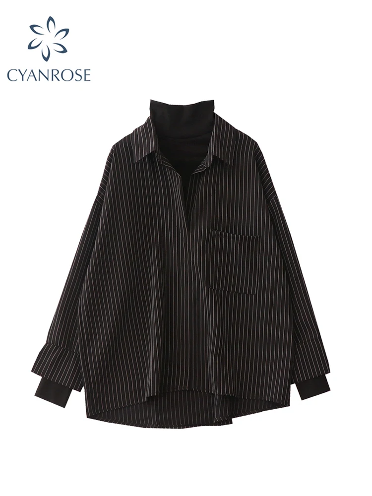 Fake Two Piece Striped Shirt Women Patchwork Knitted Turtleneck 2022 Autumn Winter Long Sleeve Casual Loose Female Blouse Tops