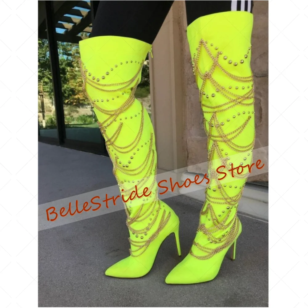 

Green Chain Decor Back Zipper Boots Pointed Toe Women Shoes Stilettos High Heels Party Banquet Dating 2025 Zapatos Para Mujere