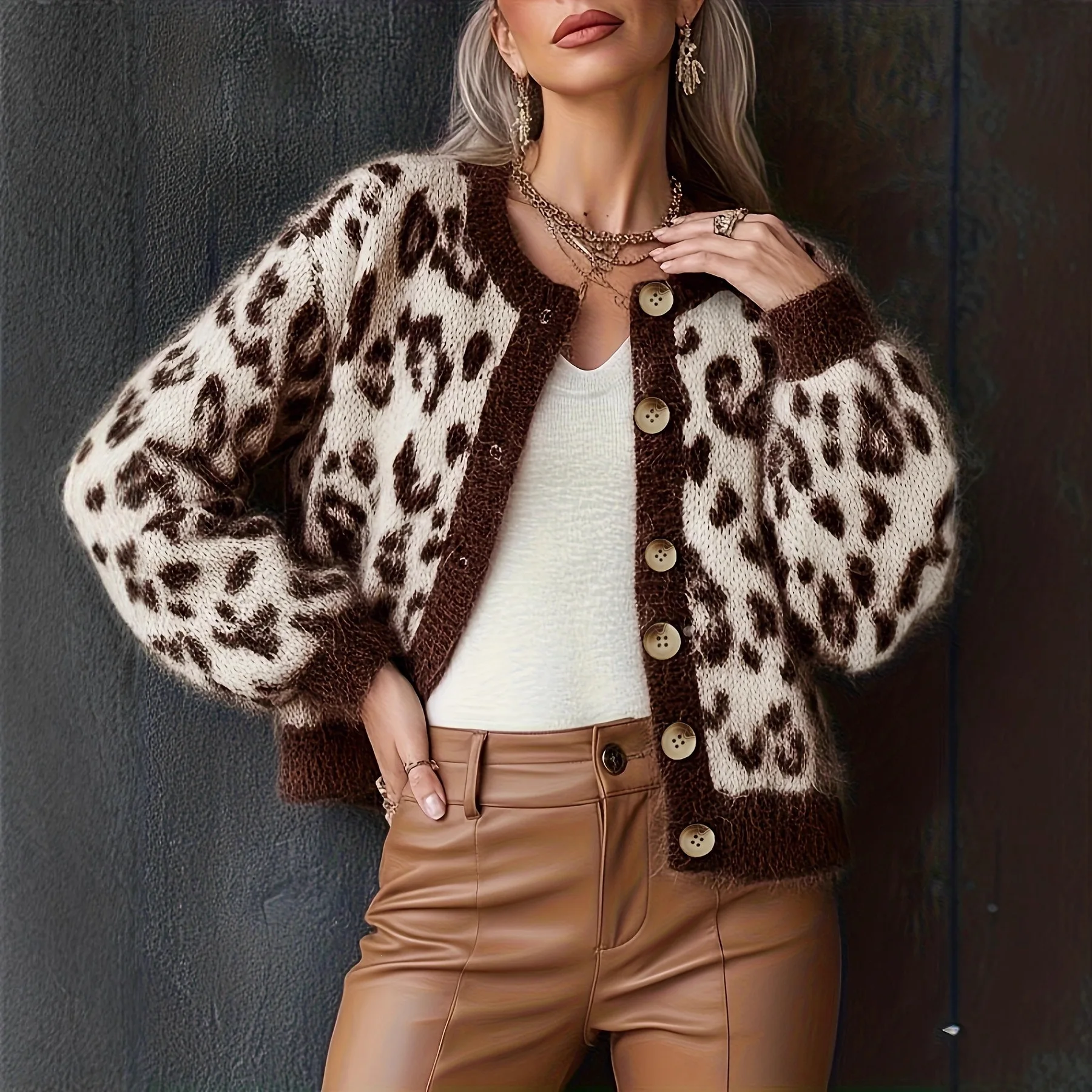 Autumn and Winter New Fashion Niche Retro Leopard Print Contrasting Jacquard Sweater Knitted Cardigan