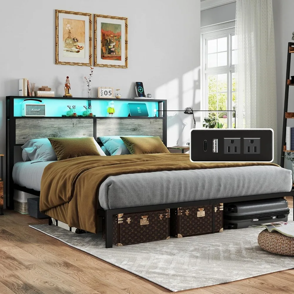 Luxury King-Size Metal Bed Frame with LED Lighting and Charging Station, featuring Headboard and Under-Bed Storage Solutions