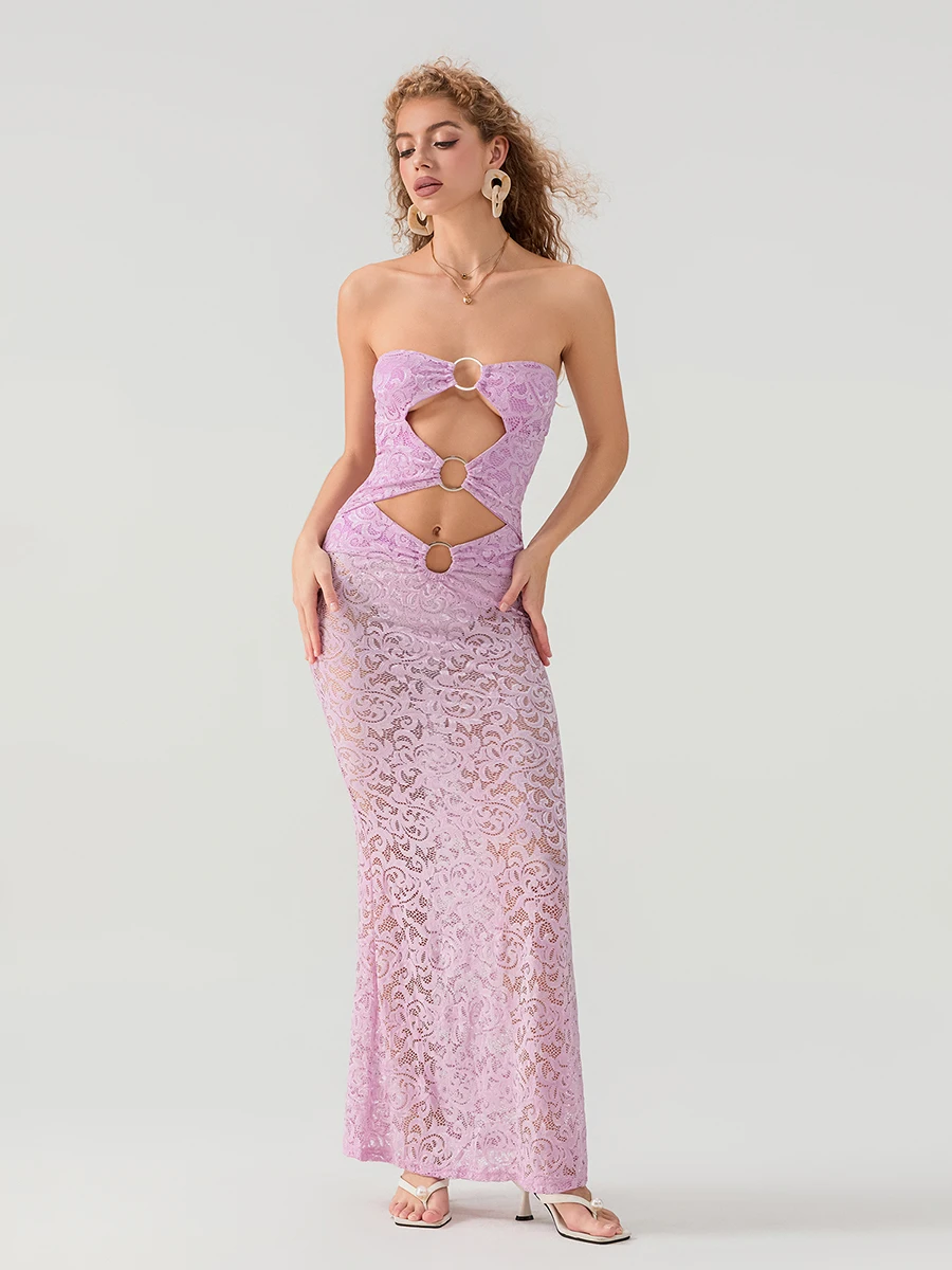 Robe de cocktail longue en dentelle, sans bretelles, dos nu, ajourée, transparente