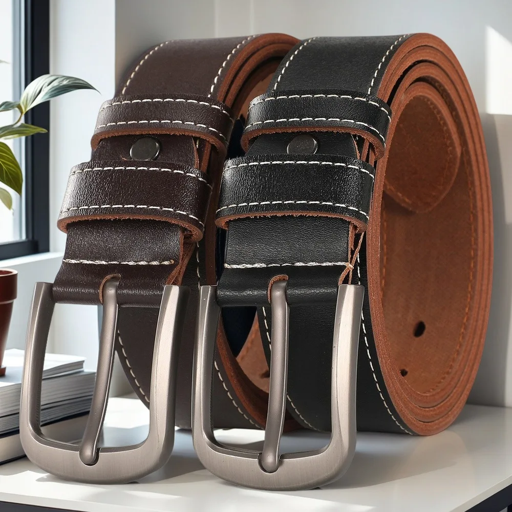 Retro Leather Men's Belt High Quality Buckle Hardware Simple Design Versatile Accessories Fit Jeans Pants Trousers Festival Gift