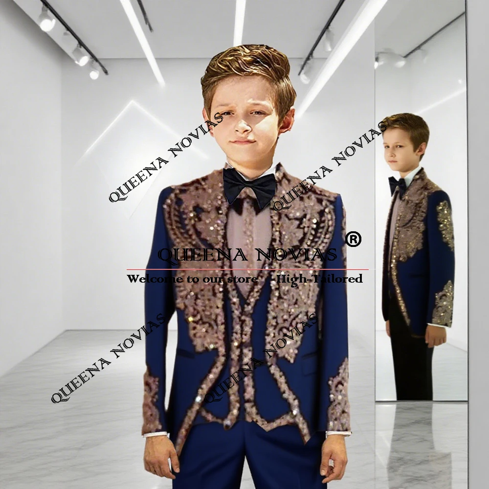 

Sparkly Crystals Beaded Stones Wedding Suits For Boy Customized Single Breasted Children Formal Banquet Party Tuxedos Kids Dress