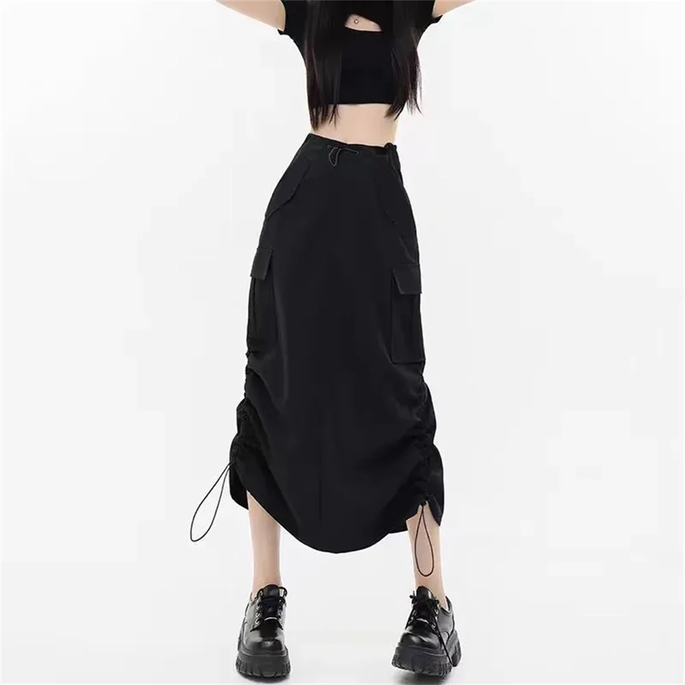 Black High Waist Cargo Skirt Women Multi Pocket Elastic Waist Ankle Length Long Skirts Casual Street Y2K Summer Fashion Outfit