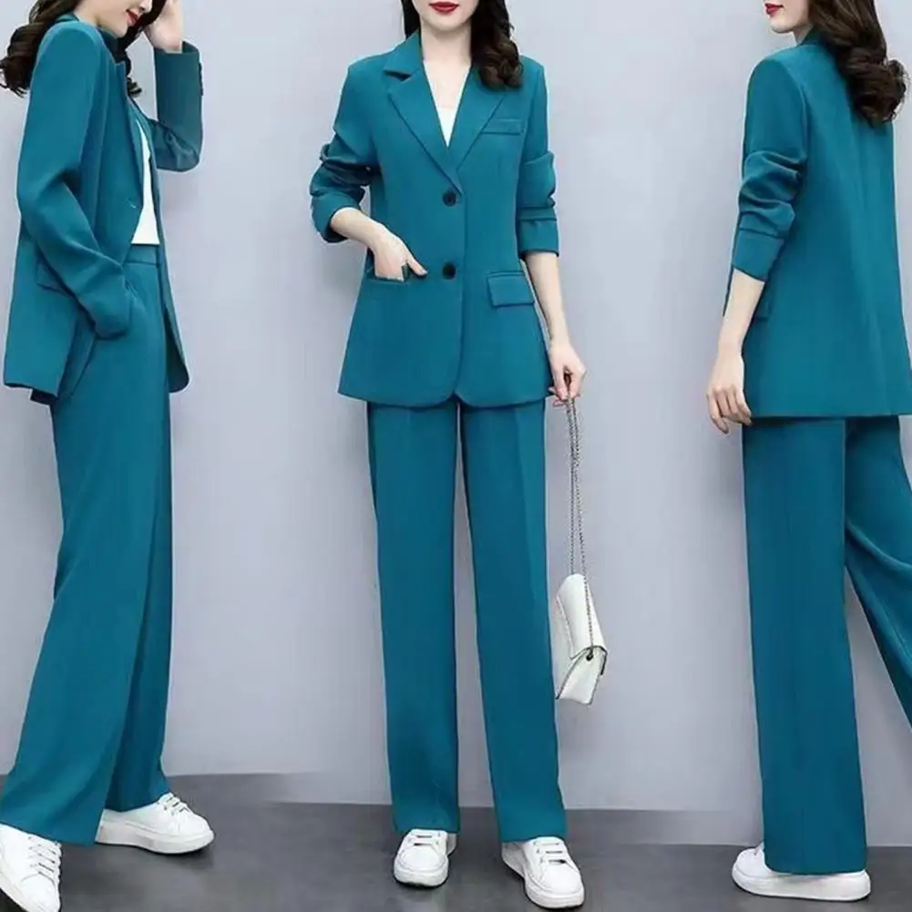 Business Coat Pants Suit Formal Business Style Women\'s Coat Pants Suit Set with Lapel Button Closure Long Sleeve Cardigan Wide