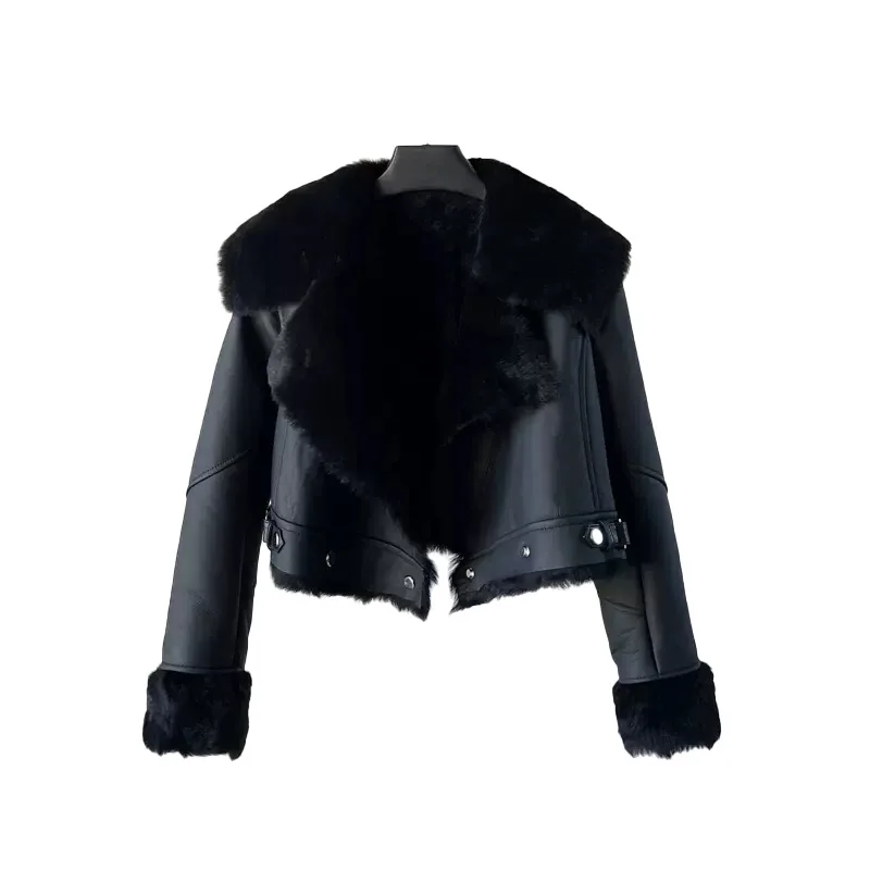 Faux PU Leather Coats Women Fur Collar Coat Thick Warm Short Jackets 2025 Streetwear Button Open Stitch Jacket Autumn Winter