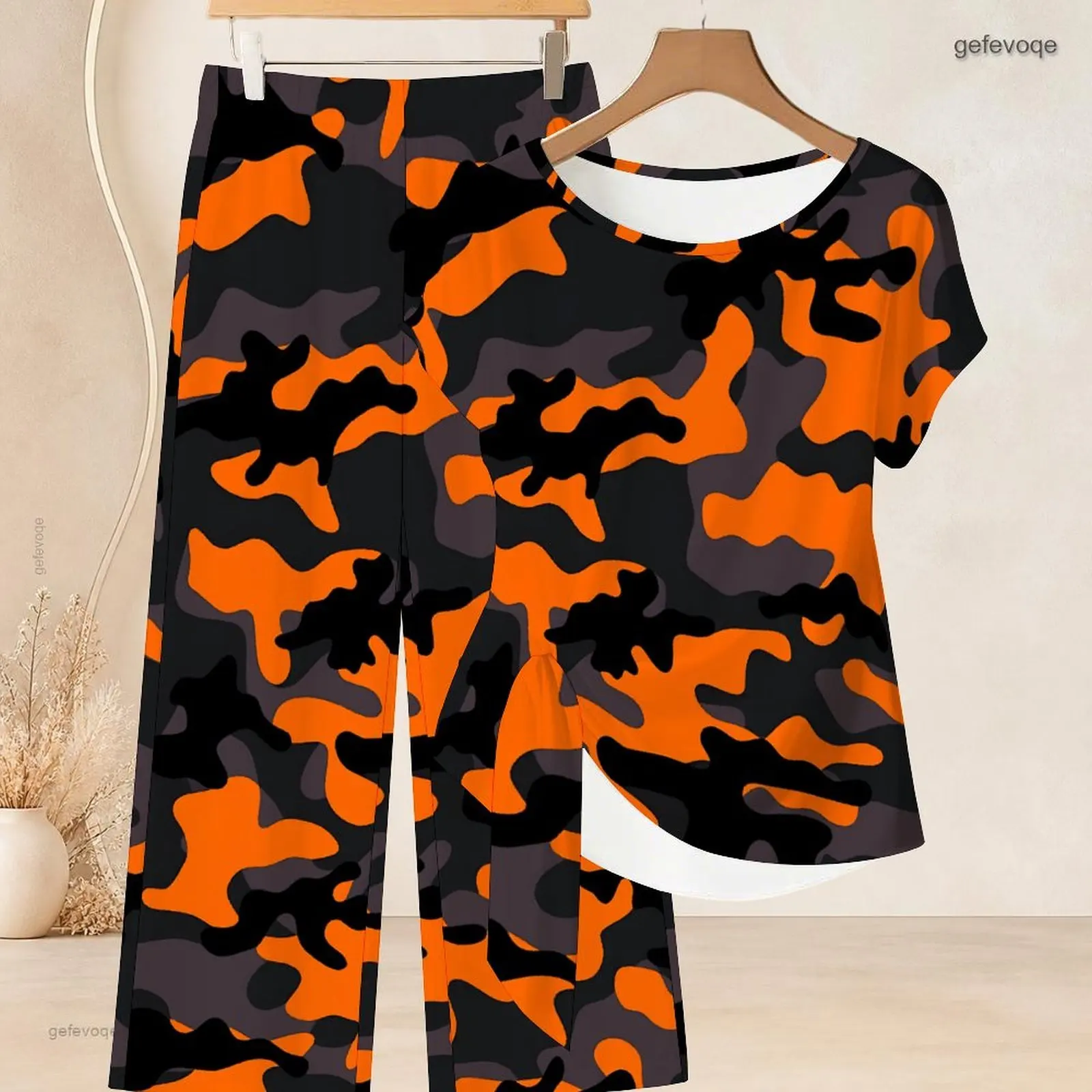 Women Golden Brown Printed Western Fringe Geometric Round Neck Short Sleeve Top Long Pants Two Piece Set