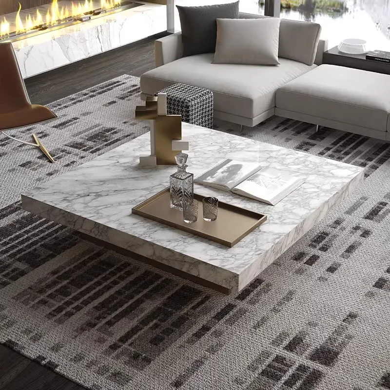 طاولة قهوة من الرخام الطبيعي المستوردة، غرفة معيشة مربعة، تصميم بسيط من الحجر الفاخر، بني فينيسي