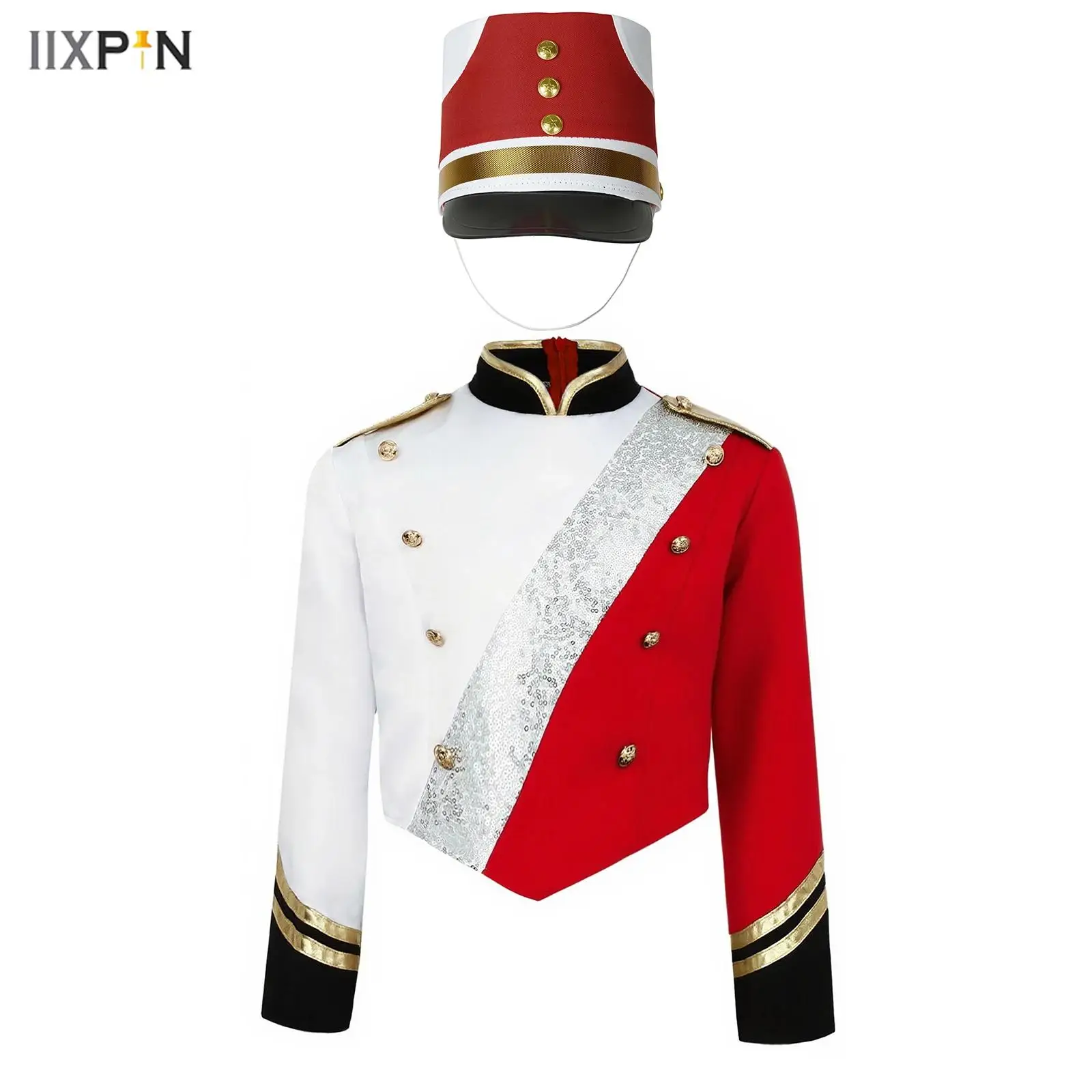 

2Pcs Boys Girls Marching Band Costume for Halloween Cosplay Metallic Sequins Color Block Long Sleeve Jacket Coat+Matched Hat Set