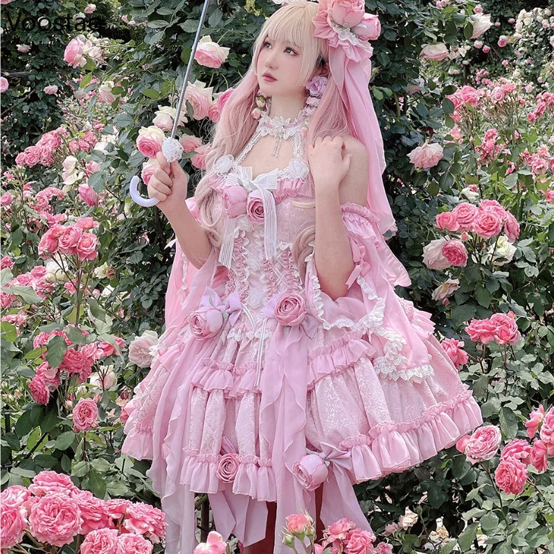 Vintage Harajuku Lolita Princess Dress Women Sweet Lace Rose Flower Elegant Evening Party Dresses Kawaii Sleeveless Fairy Dress