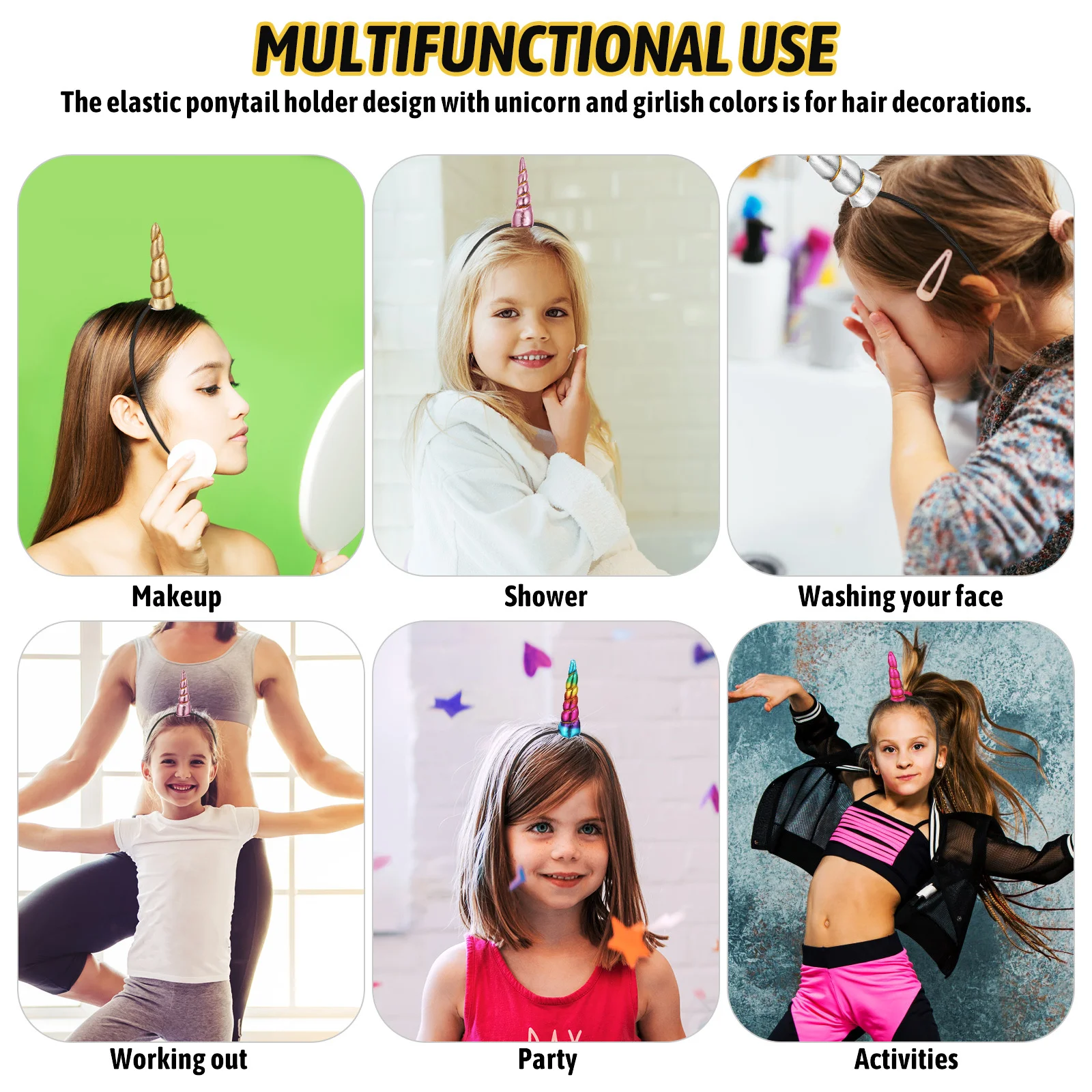 

5Pcs Children Unicorn Head Band Elastic Hair Wrap for Girls Women Adjustable Ponytail Holder Shower Face Mask Use Mixed Color