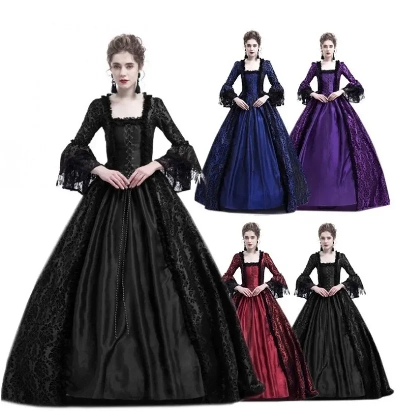 Medieval Lace Patchwork Bell Sleeve Dress Court Retro V Neck Full Length Ankle Dress Women's Fashion Lantern Sleeve Gown