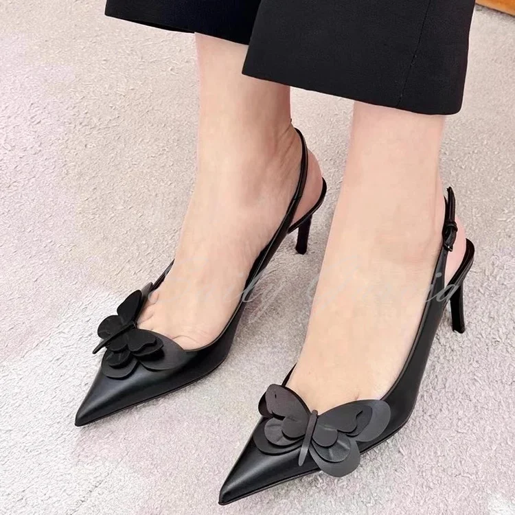 

Туфли с острым носком и открытой пяткой для женщин, украшенные бабочкой и цветком, дизайнерские брендовые белые розовые туфли-лодочки на высоком каблуке с пряжкой и ремешком