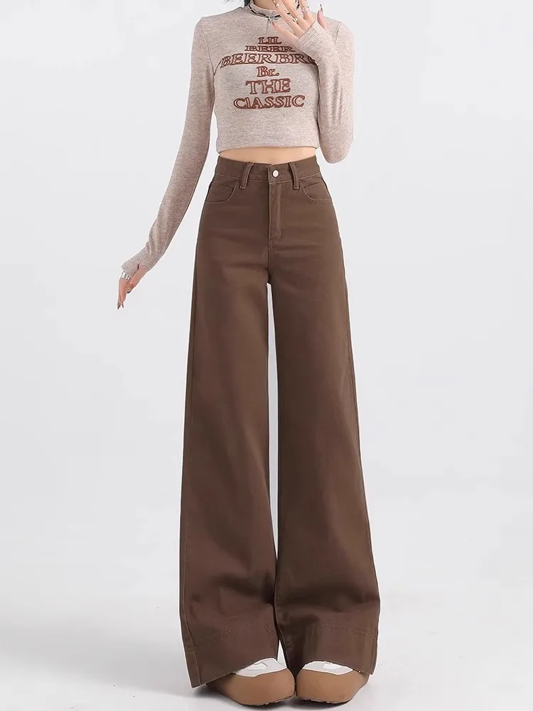 High Waist Wide Leg Denim Jeans Women's Coffee Color American Style Spring Summer New Loose Slimming Micro Flared Floor-Lengt...
