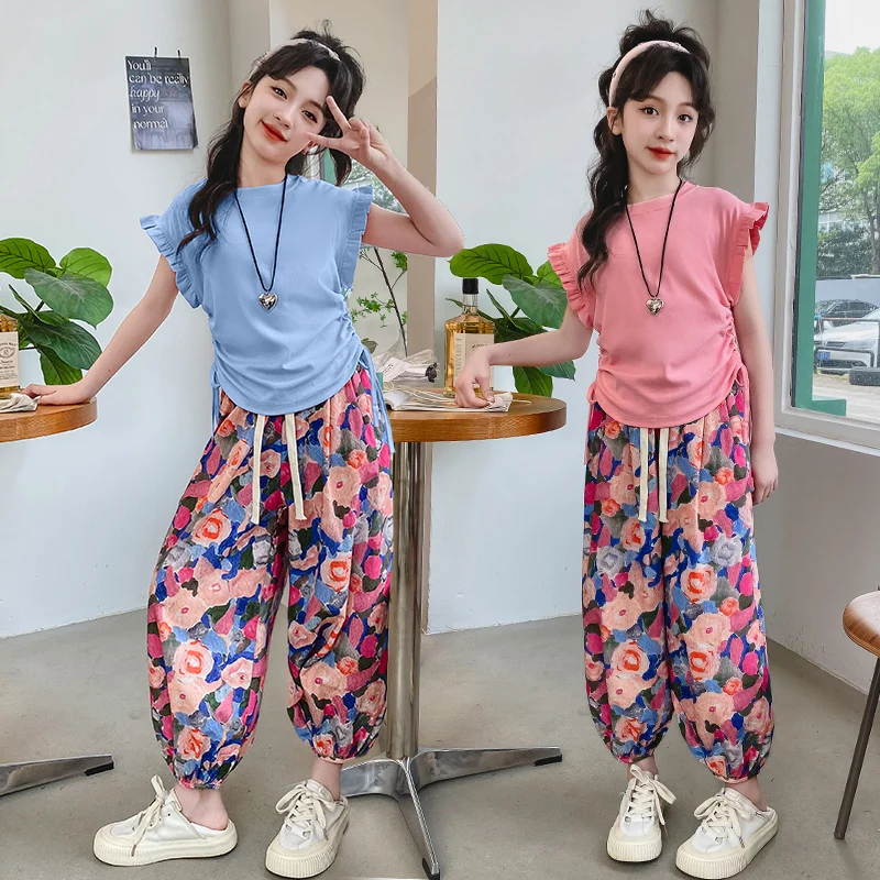 

3-14 baby girls clothes set Cotton lotus leaf sleeve top+floral mosquito repellent pants 2pcs junior kid suit teen child outfits