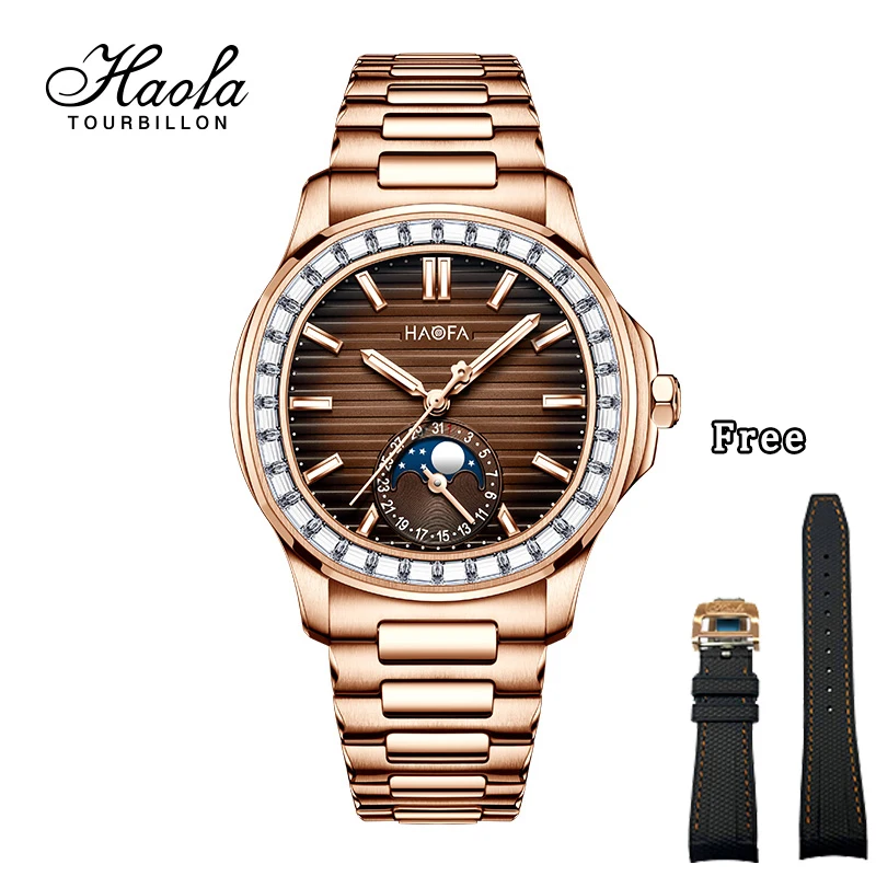 

Механические мужские часы Haofa, толщина бриллианта, 9,7 мм, фаза Луны, дата, автоматические мужские сапфировые часы из нержавеющей стали 316, 2291