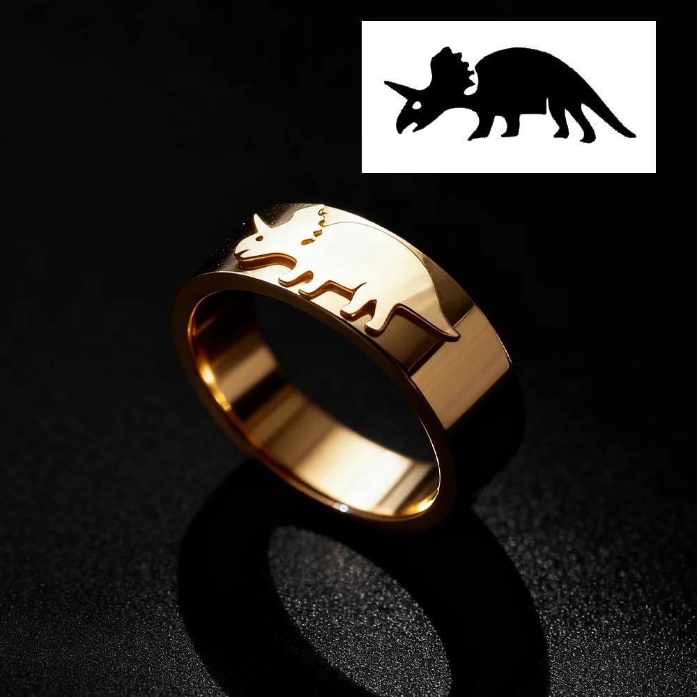 Custom 8mm Chunky Stainless Steel Men's Ring Dinosaur Pattern Ship Anchor Logo ring Gold Finish Unique Design Band Personalized