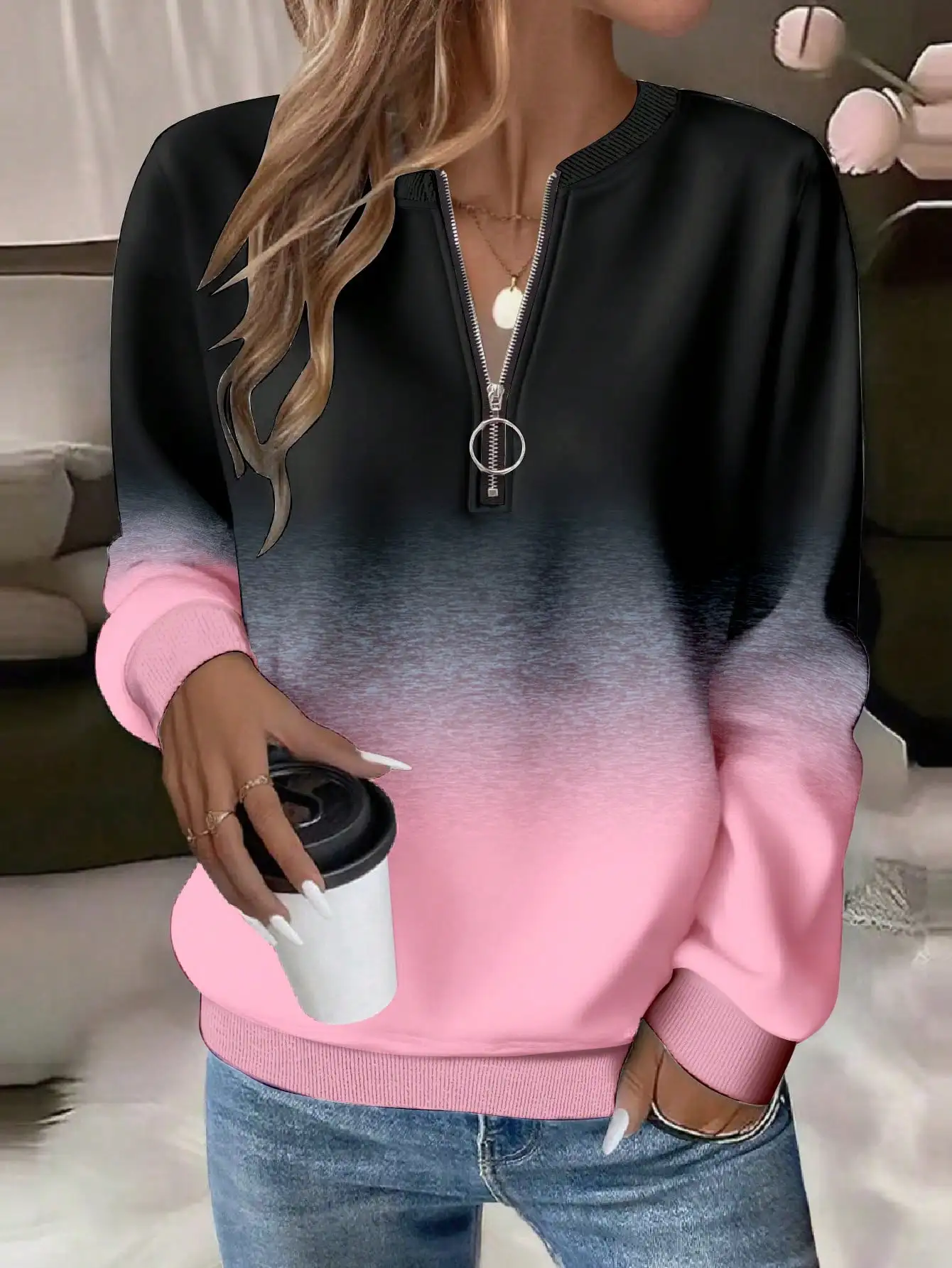 

Women's Gradient Pink to Black Half-Zip Sweatshirt, Casual Long Sleeve Pullover with Ribbed Cuffs, Fall Winter Style