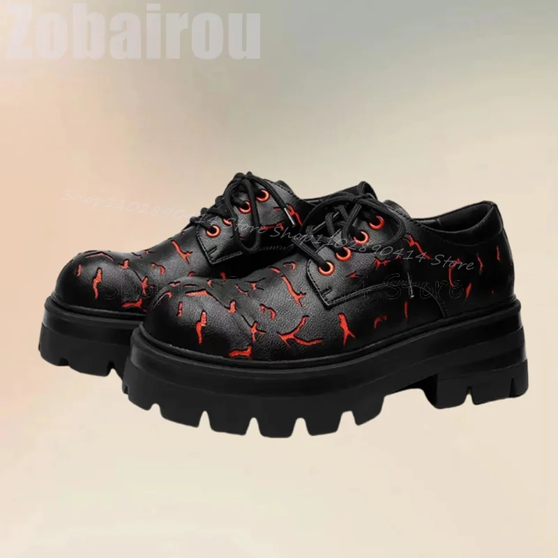 Black Red Totem Crack Pattern Round Toe Platform Loafers Fashion Lace Up Men Shoes Luxury Handmade Party Feast Men Casual Shoes