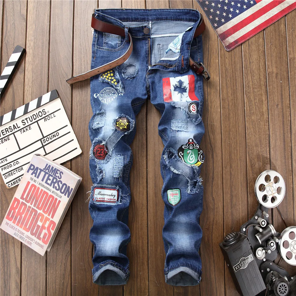 Men’s Trendy Print Decors Denim Pants,High Quality Ripped Slim-fit Blue Jeans,Street Fashion Sexy Jeans,Daily Casual Jeans Pants