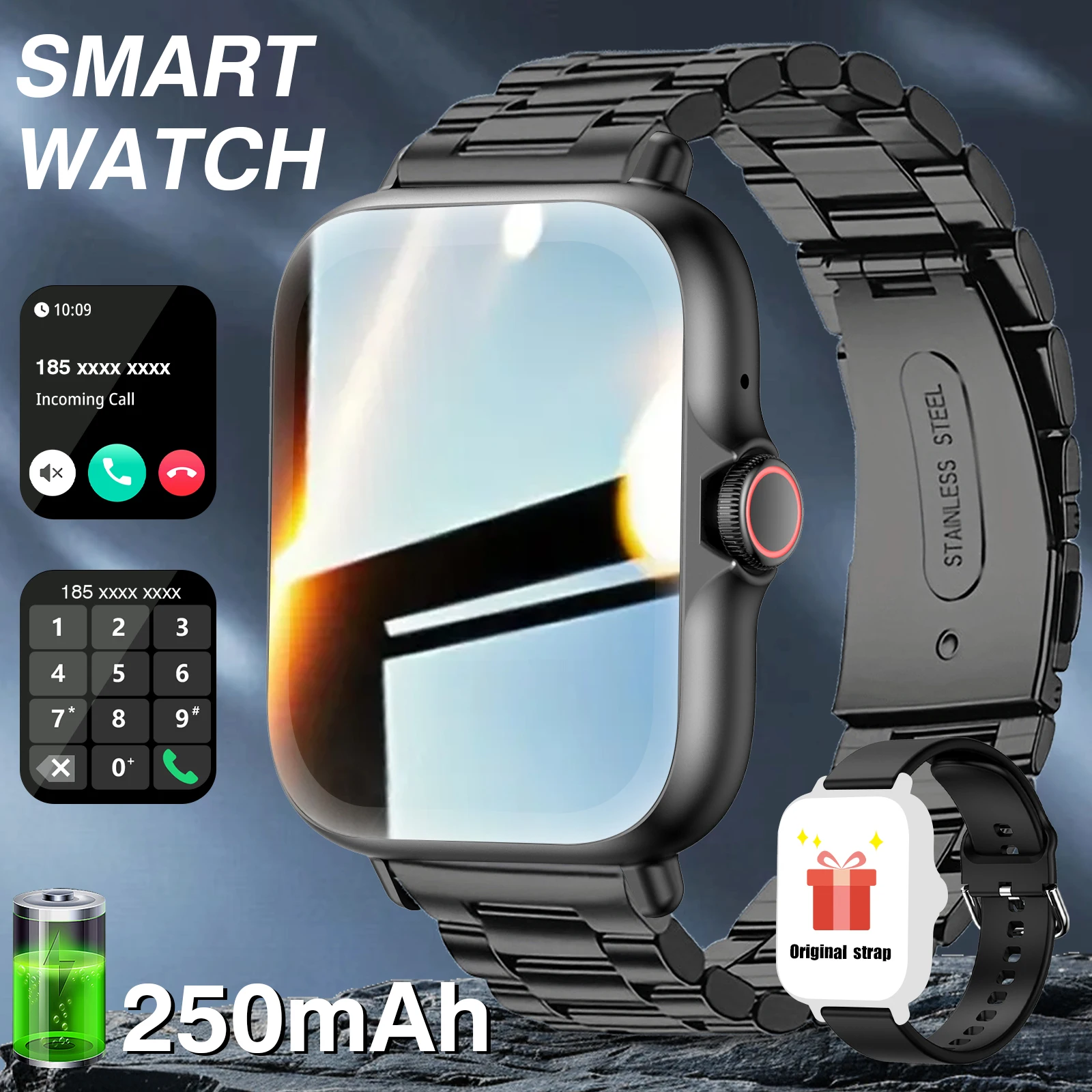 

Smart Watch with Stainless Steel Band: Incoming Call, Dial Pad, 250mAh Battery + Free Original Silicone Strap for Men Women