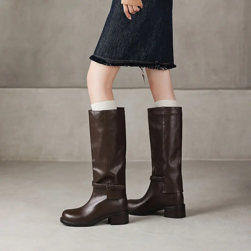 2026 new autumn winter women knee-high boots natural leather 22-26cm cowhide+microfiber+pigskin/plush buckle women long boots