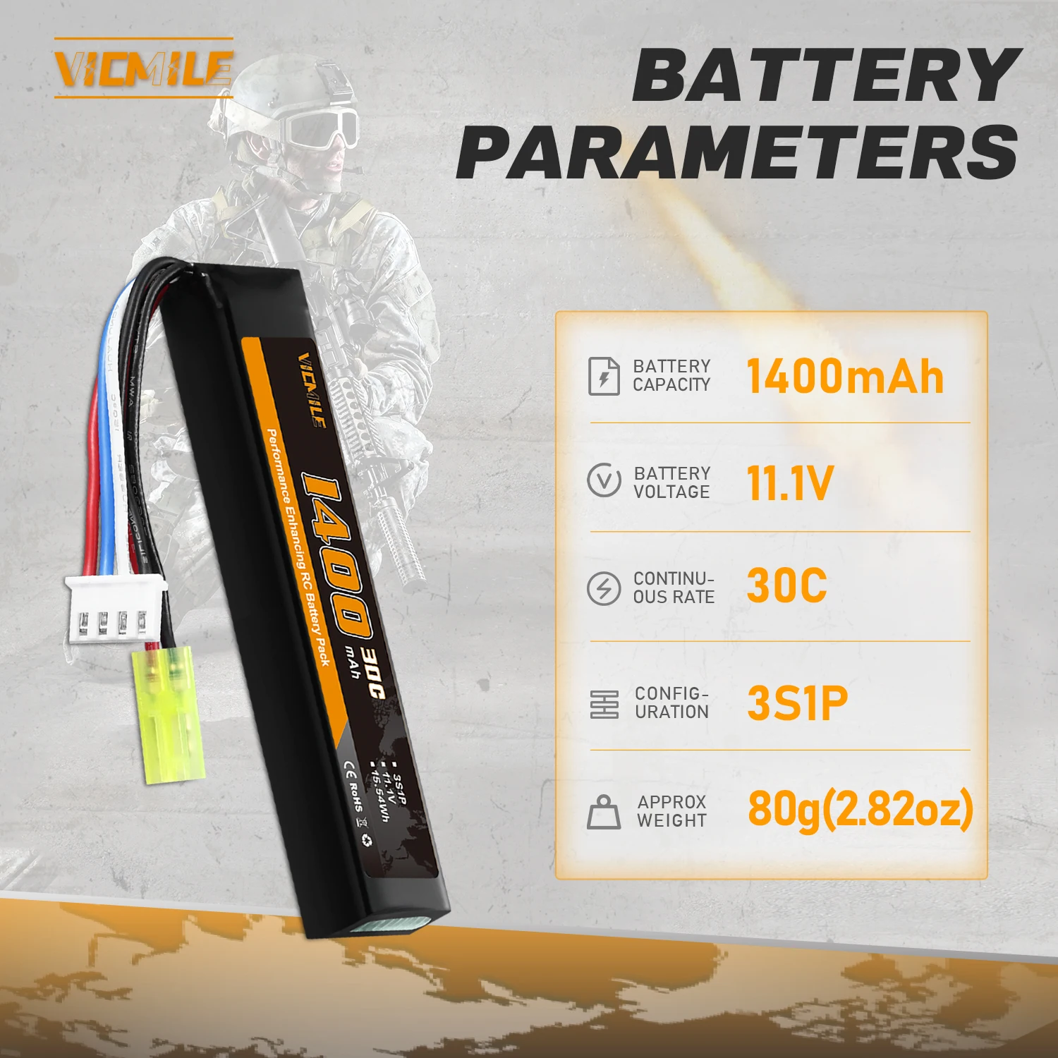 VICMILE 1-2 ชิ้น 11.1V 1400mAh 3S แบตเตอรี่ปืนอัดลมพร้อมปลั๊กทามิย่าพอดีสำหรับปืนรุ่นปืนอัดลมส่วนใหญ่