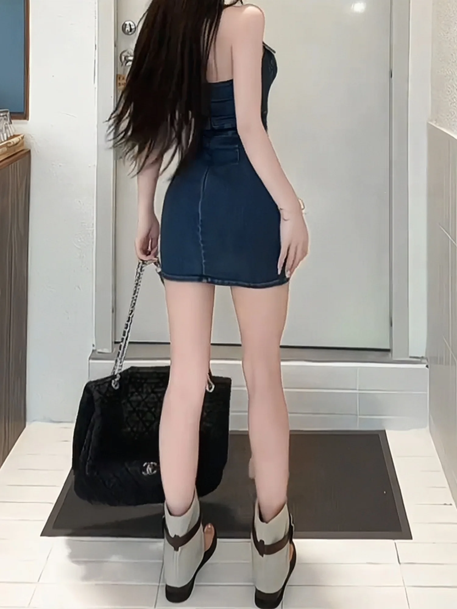 กระโปรงยีนส์สีน้ำเงินสไตล์เรโทรอเมริกันสุดแซ่บสำหรับผู้หญิง ทรงเข้ารูป ยี่ห้อ Y2K Millennium ช่วยกระชับเอว สไตล์ Ins Sle ort Svel