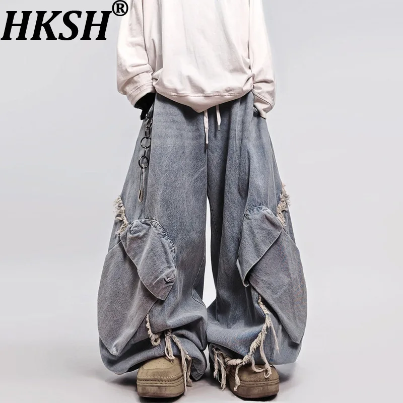 

Мужские джинсы-карго HKSH, весна-осень, новые, в стиле хип-хоп, американский ретро-стиль, с эффектом потертости, с бахромой, широкие штанины, модные, в уличном стиле, с эффектом выстиранности, HK18628