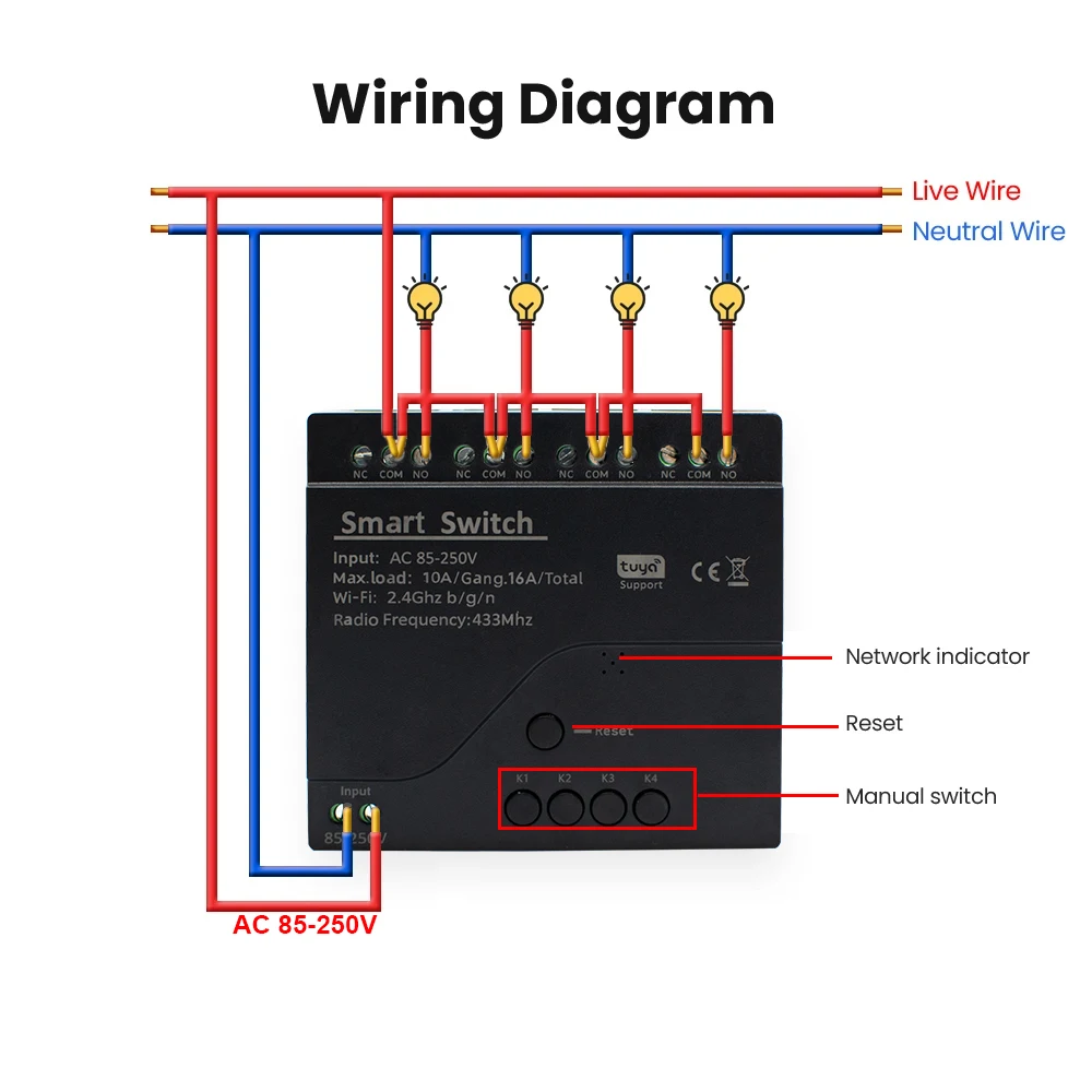 New 4CH Tuya Motor Smart Switch WIFI Relay Module 12V DC 7-32V AC 220V 85-250V RF433Mhz Remote Control Light Switch For Alexa