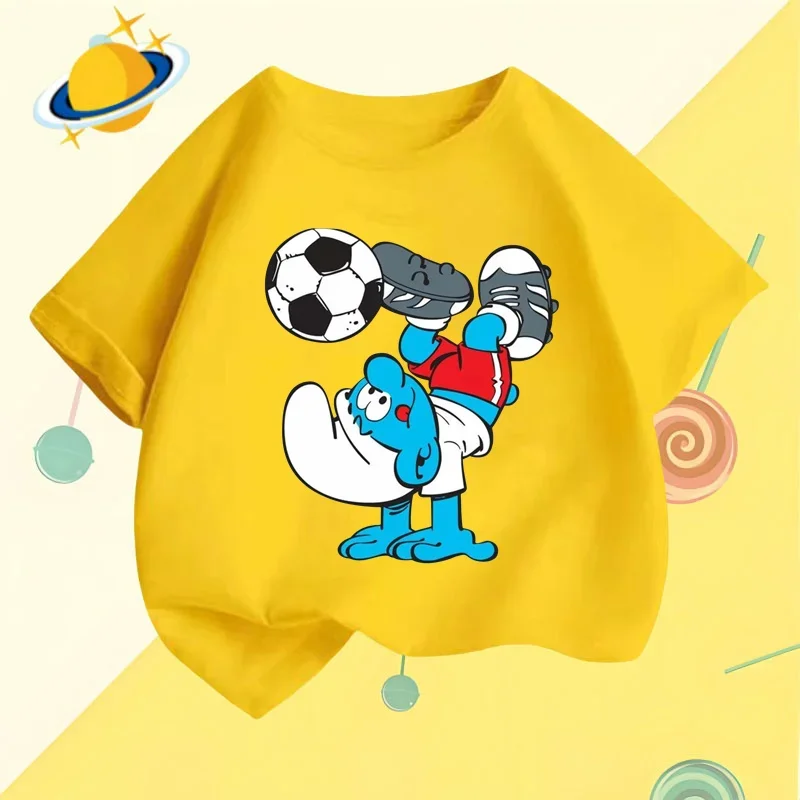 Coppa europea Smurfs estate bambini cartone animato t-shirt Anime stampa sport manica corta ragazzi camicia casual ragazze Kawaii top