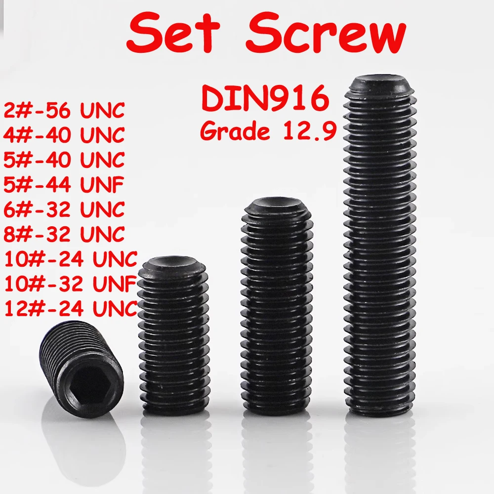

Yiqianyuan 2# 4# 6# 8# 10# 12# UNC UNF DIN916 Grade 12.9 Alloy Steel Hex Socket Set Screws with Cup Point Headless Grub Bolts