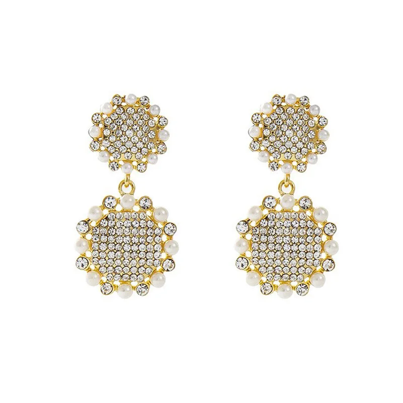 2021 fashion new full diamond pearl double round stud earrings Internet celebrity jewelry earrings Source earrings